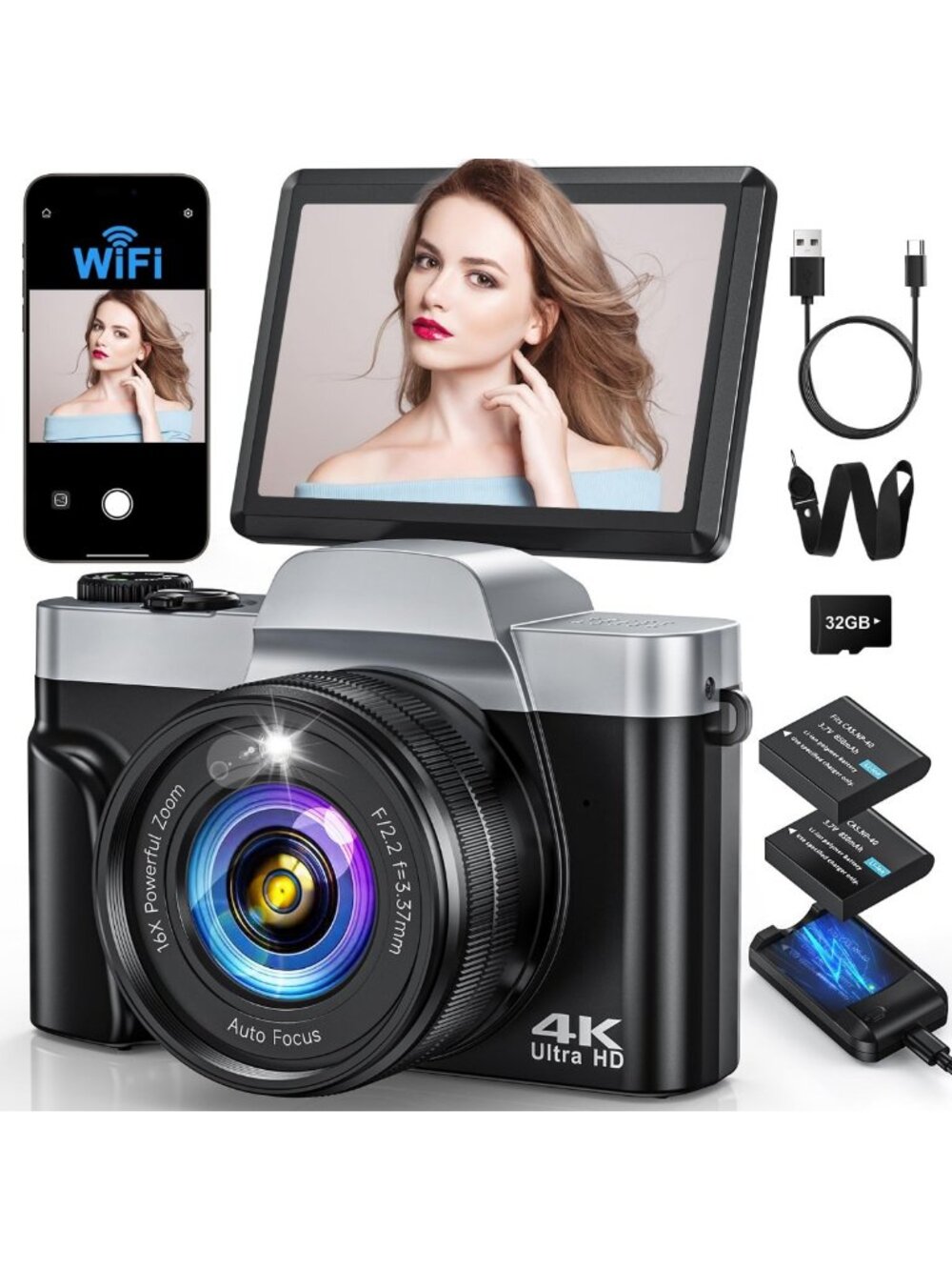 64MP 4K Digital Camera with WiFi, Autofocus, Perfect for Vlogging & Photography